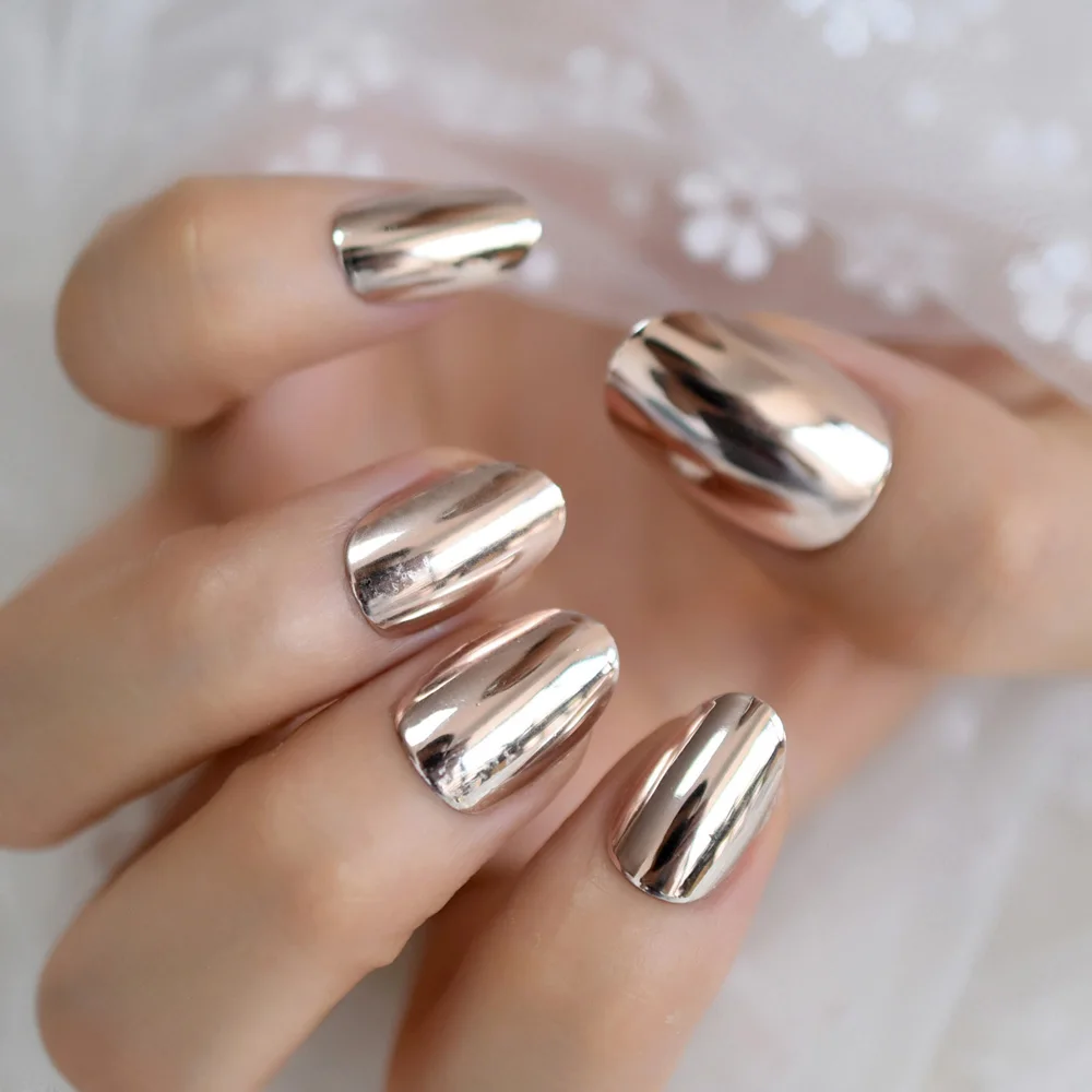 

Metal Oval Purple Medium Nail tips Mirror effect Unique Chrome Fake Nails Reflection Press On Fingernails 24pcs