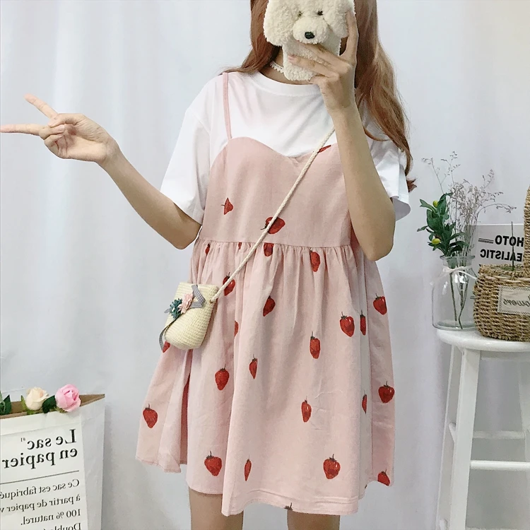 Милое милое платье с принтом клубники и высокой талией женские милые платья Kawaii