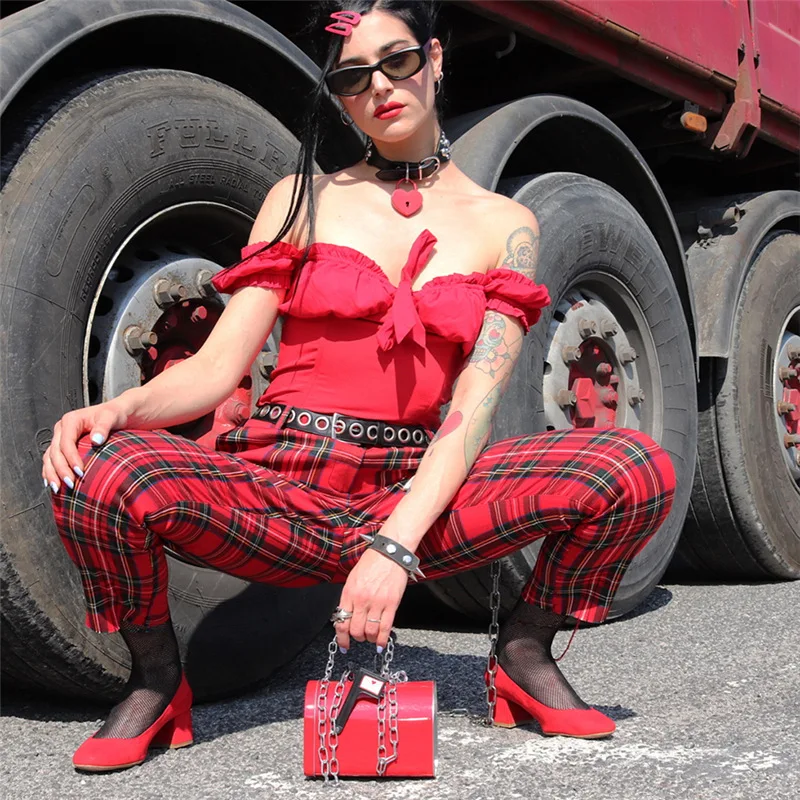 BOOFEENAA, хлопковые красные клетчатые Широкие штаны для женщин,, Харадзюку, свободные брюки на молнии, женские Капри, винтажная уличная одежда C71AC7