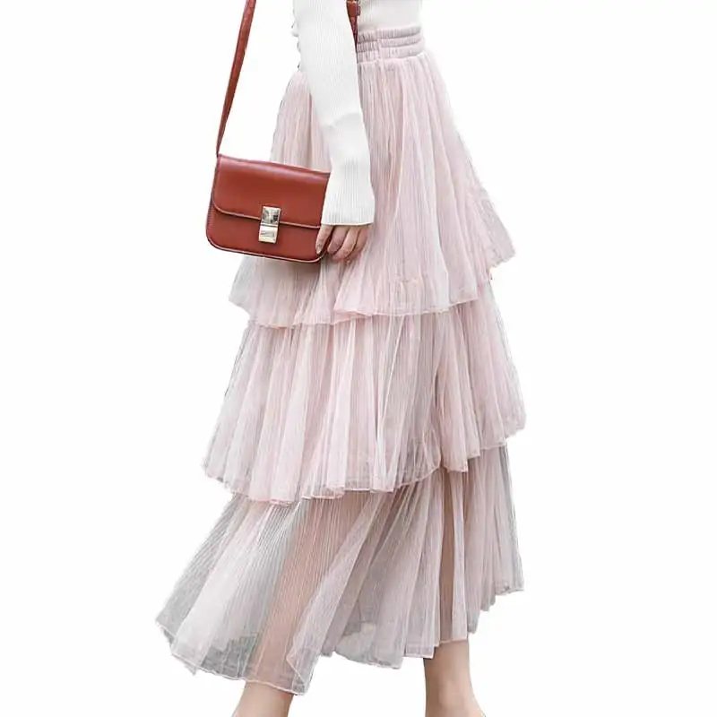 Модная балетная юбка Тюлевая юбка с эластичной резинкой на талии, Для женщин Длинная юбка макси корейские демисезонные черные Высокая Талия Женская плиссированная юбка