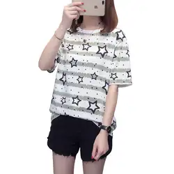 Плюс Размеры модная Корейская Новая летняя футболка BF полосатый принт короткий рукав Базовая Дамская футболки длинные Harajuku Для женщин