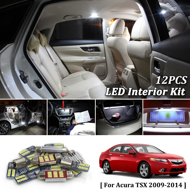 12X белые светодиодные с CANBUS салона комплект ламп для 2009 2010 2011 2012 2013 Acura TSX светодиодная гирлянда для внутреннего купола подсветка багажника