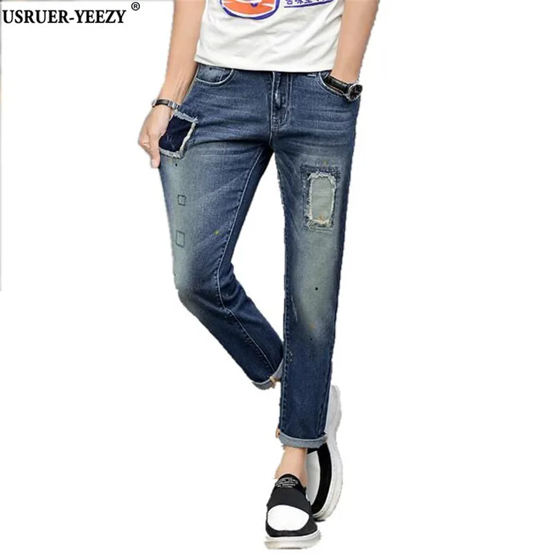 USRUER YEEZY Pants New Arrival Personality Retro Slid Washing Patchwork Stitched Mens Ripped Skinny Jeans male