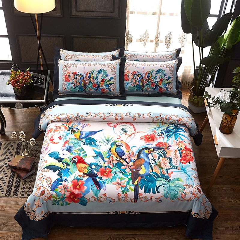 

Modern 100% cotton Flowers and birds Bedding Set Home 4pcs Bed Linen Include Quilt Cover Sheet Queen And King Two Size