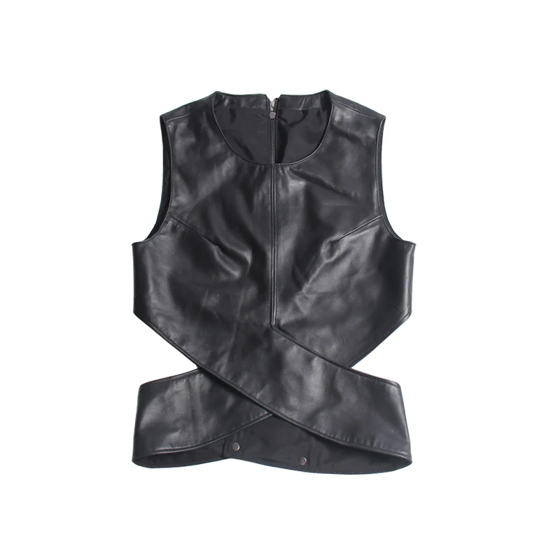 

Lady spring and autumn new genuine leather waistcoat and natural sheep leather jacket with slim waist and round collar