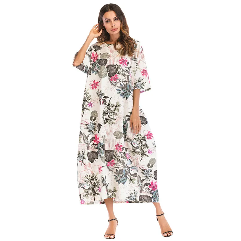  New Women Summer Bohemian Cotton Linen Printed  O-neck Half Sleeve Long Plus Size Long Dresses Elegant Lady Holiday Dress #4R08 (2)