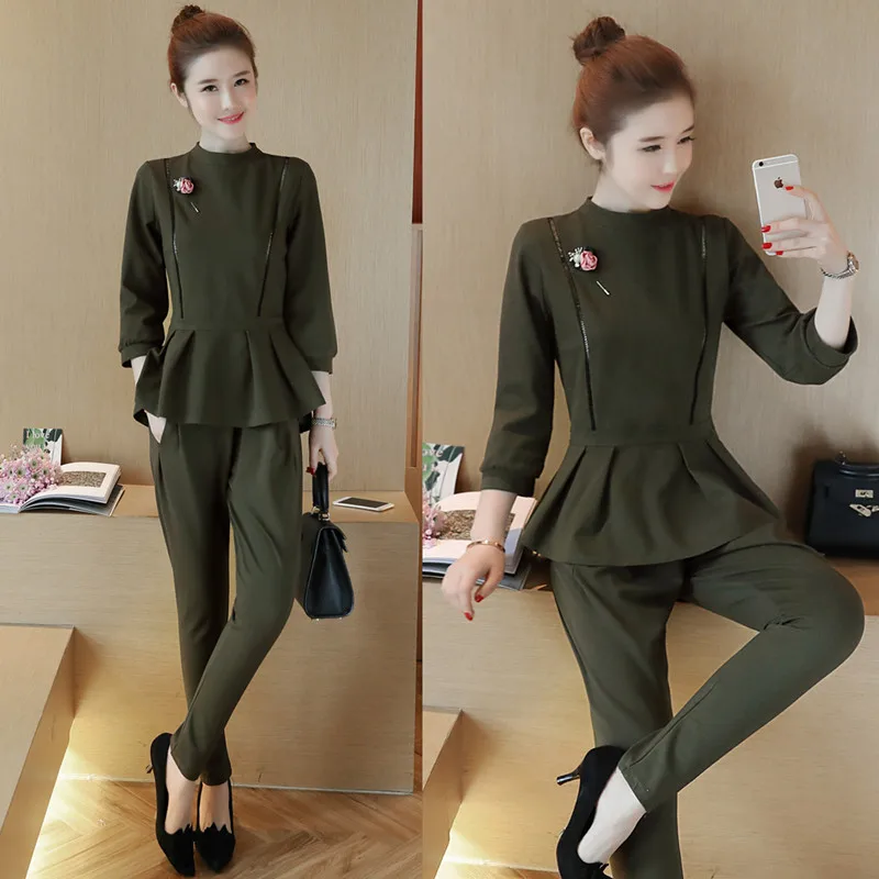 

2019 Spring And Autumn Leisure Korean Fashion Puffles Top Blouse Casual Pants Two Pcs Clothing Set Lady Suits Plus Size S-XL