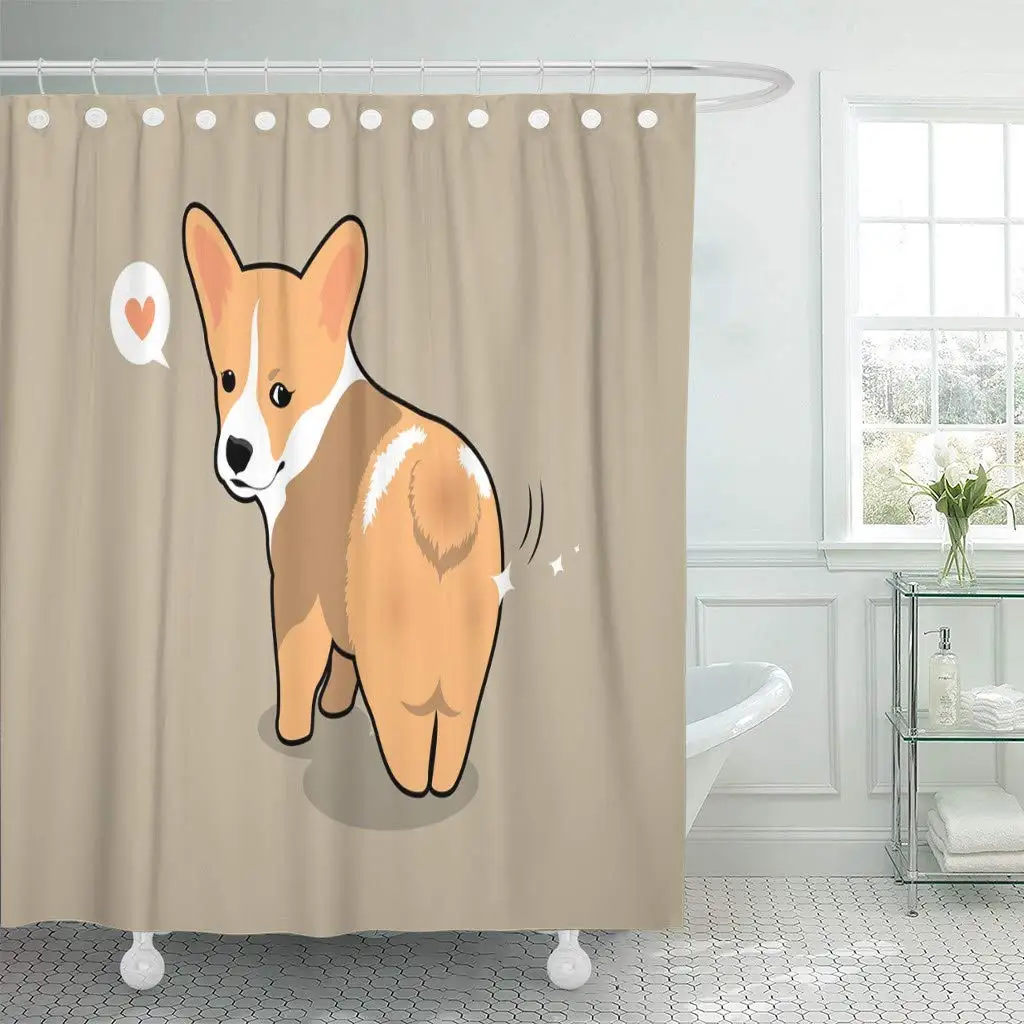 

Fabric Shower Curtain with Hooks Brown Breed Cute Corgi Shiny Butt Cartoon Dog Flat Graphic Illustrate Lovely Puppy