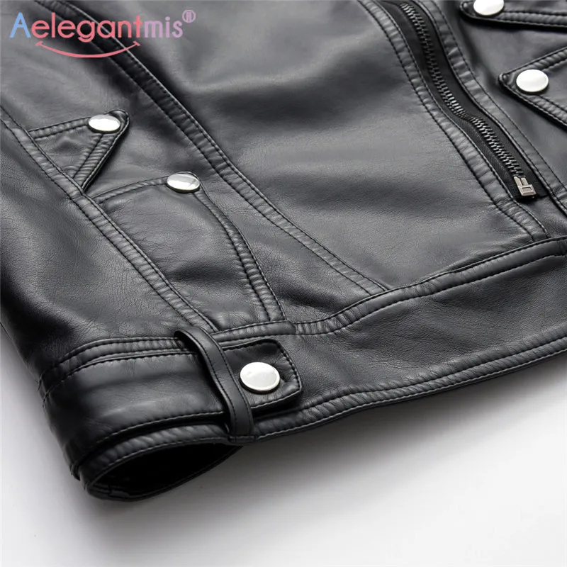 Женская приталенная мото-куртка Aelegantmis, черная приталенная байкерская куртка из искусственной кожи, осень-зима