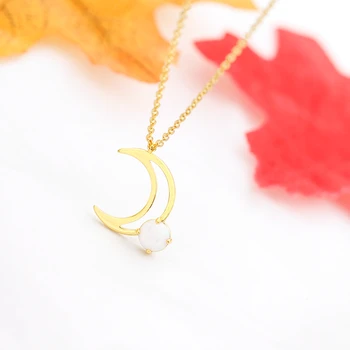 

Wholesale 10pcs Statement Crescent Moon With White Opal Stone Pendant Necklaces Clavicle Chain Collar Mujer