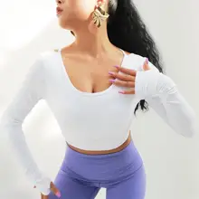 Костюм для йоги с перекрестной спинкой и подушкой для быстрого высыхания и узкого растягивания, топ с длинными рукавами для бега, женская спортивная одежда