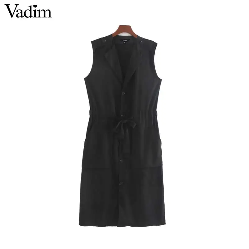 

Vadim women vintage black midi dresses bow tie sashes pockets female casual elegant mid calf dresses straight vestido QC523