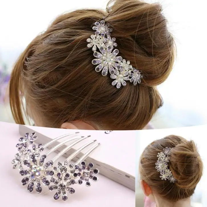 New Women Beautiful Crystal Decorate Petal Tuck Hair Comb Flower
