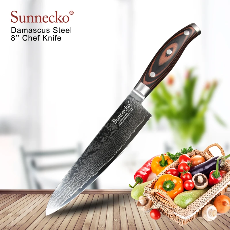 

SUNNECKO 8" inch Kitchen Chef Knife Japanese Damascus VG10 Steel 60HRC Strong Pakka Wood Sanding Handle Cutting Tools X-mas Gift