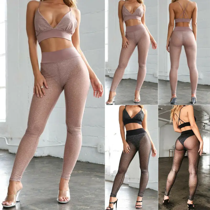 

2019 Newest Hot Women Sexy Sheer Mesh See Through Long Pants Summer Elastic Sheath Glitter Trousers Ladies Club Party Wear