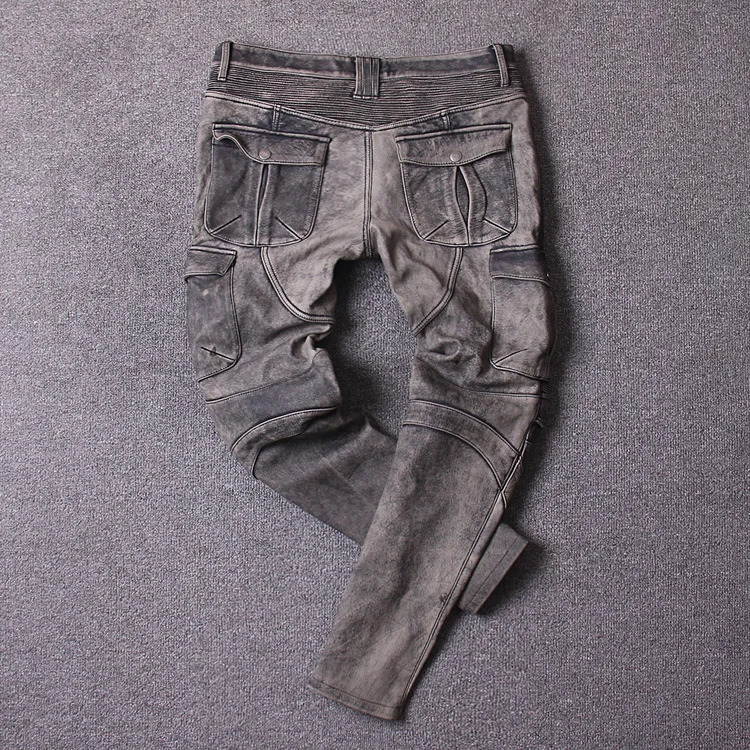 

2019 Men Vintage Gray tooling multi-pocket Cow leather motorcycle leather pants American retro men's old leather hunting trouser