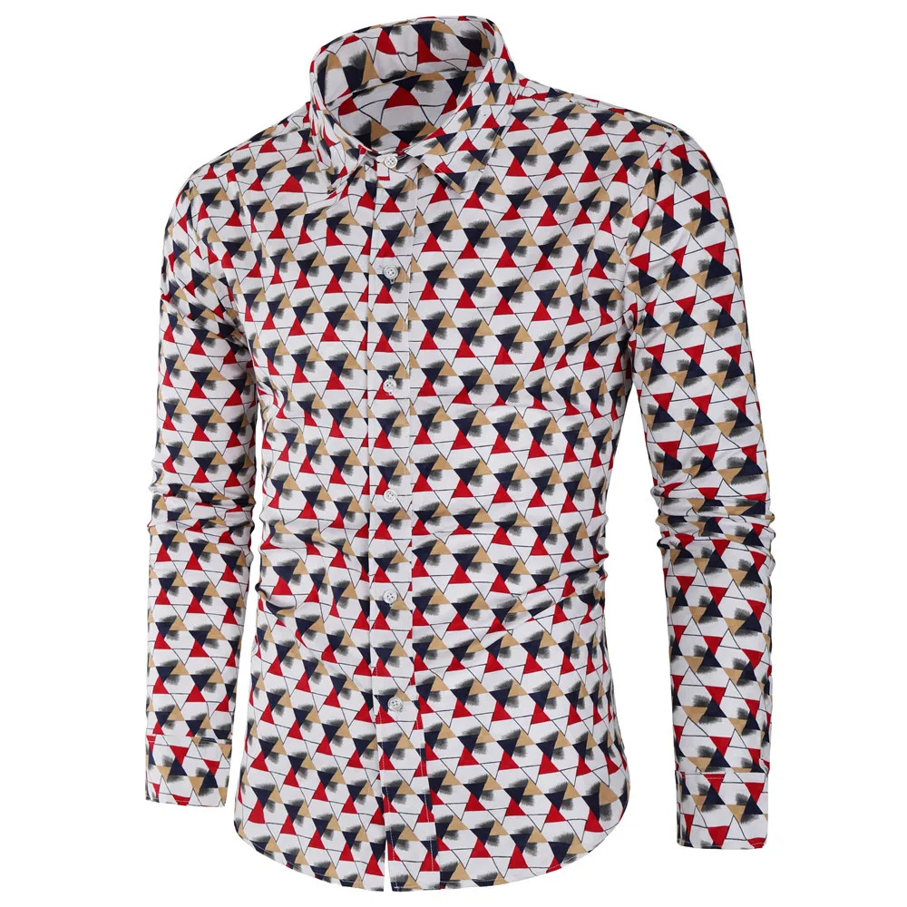 2018 Новая мужская рубашка с длинными рукавами с цветочным принтом, Повседневная рубашка с треугольным принтом