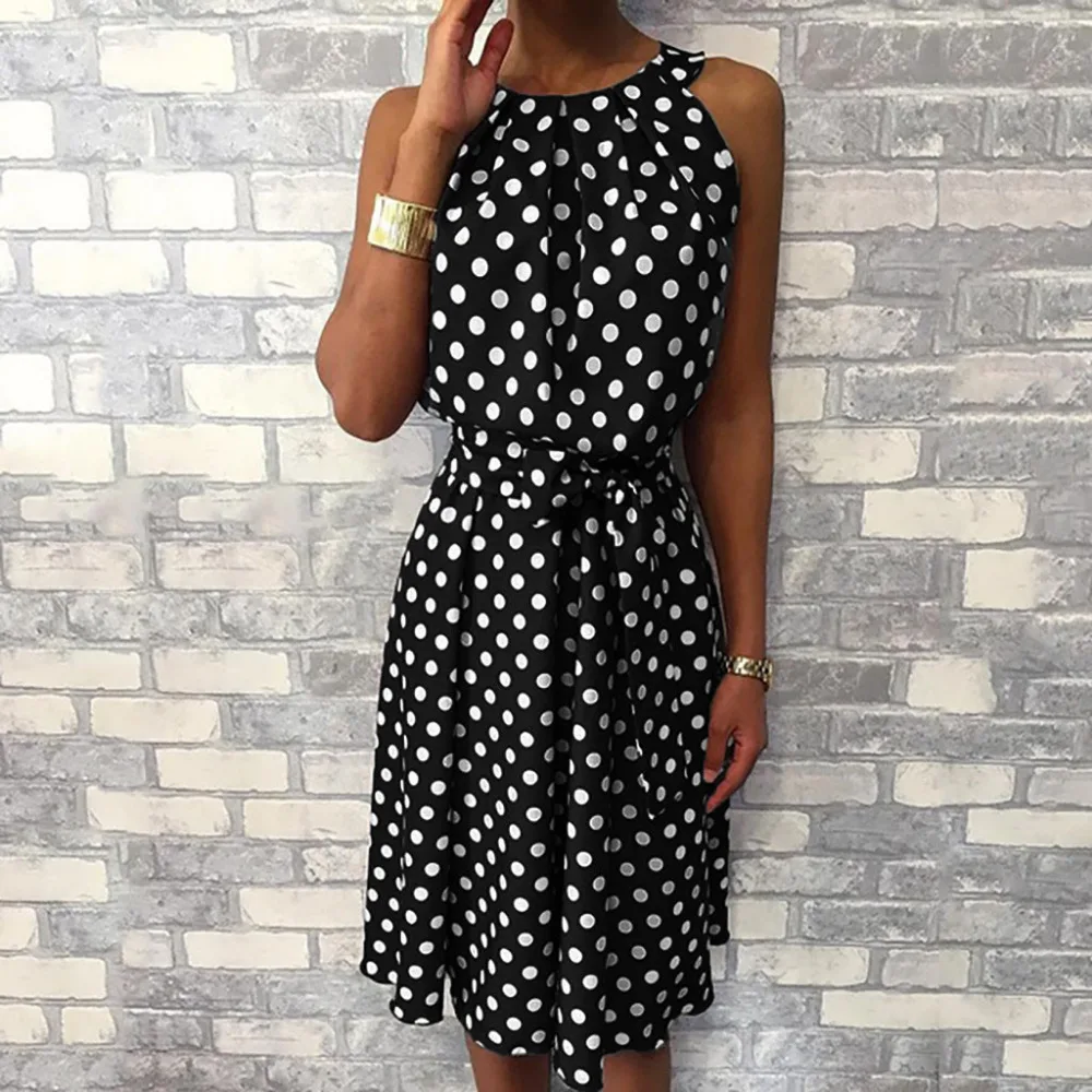 

2019 Summer Off Shoulder Women Dress Ladies Casual Loose Dress Women Fashion Polka Dot Sleeveless Dresses