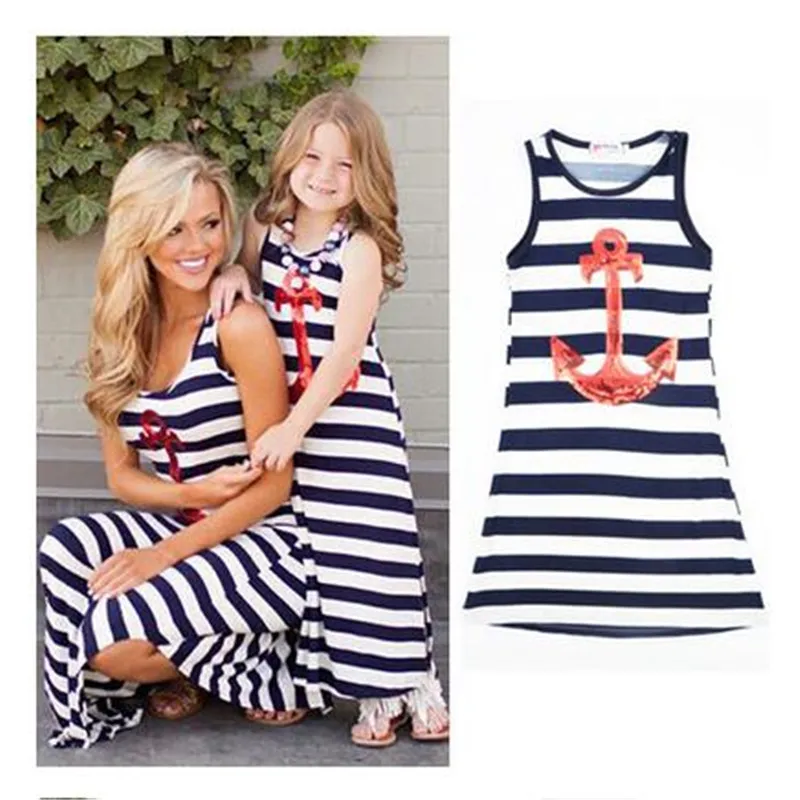 Navy Stripe Anchor Pattern Girls' Dress Kids Clothes Long Beach Vestidos Mujer Summer Girl Dress
