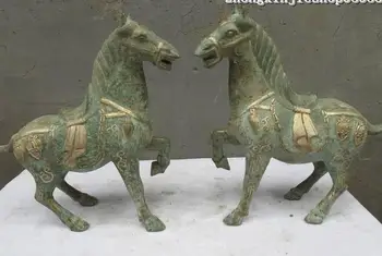 

11"Chinese Folk Collect Bronze Silver-Gilt Soldier War Horse statue pair