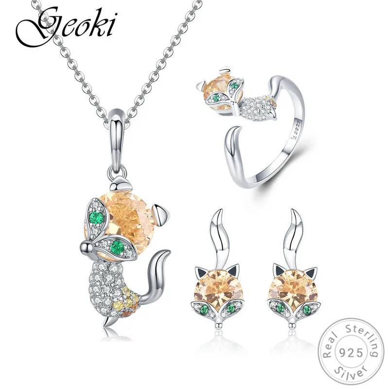 

Geoki 925 Sterling Silver Orange&Green Cubic Zirconia Fox Shaped Stud Earrings&Ring Luxury S925 Original Animal Pendant Necklace