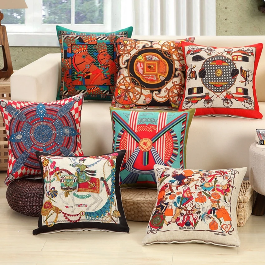 

Geometric Pattern Cushion Cover National Wind Horse Decorative Pillows Cotton Linen Office Sofa Car Square Throw Pillows 45*45CM