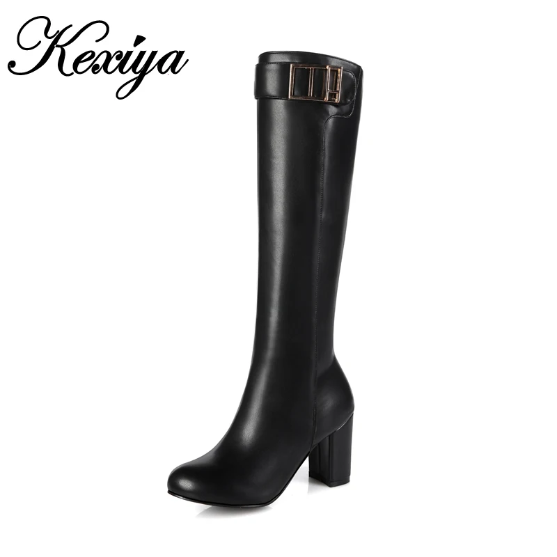

2016 Winter women zipper botas fashion Round Toe high heel shoes big size 32-45 Buckle decoration ladies black Knee-High boots