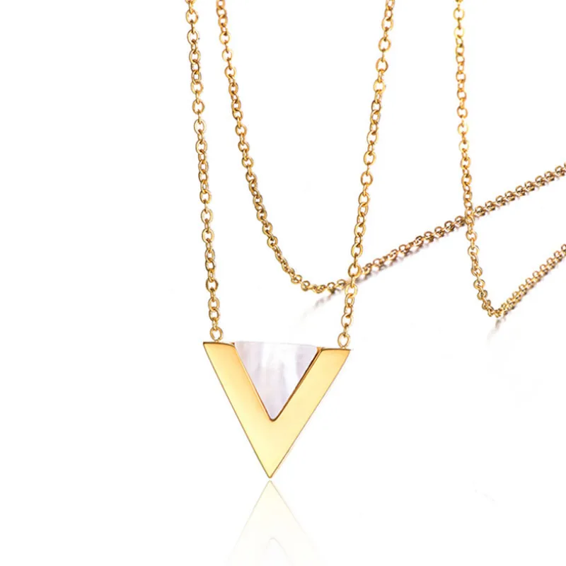 

Korean style geometric triangle women's necklace titanium steel pendant shell triangle V - shaped collarbone chain