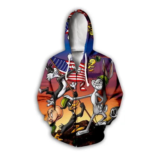 Мужские толстовки с объемным рисунком жуков Банни, Галактический свитшот с изображением флага США, Повседневный пуловер унисекс, осенняя куртка, спортивный костюм размера плюс - Цвет: zip hoodie