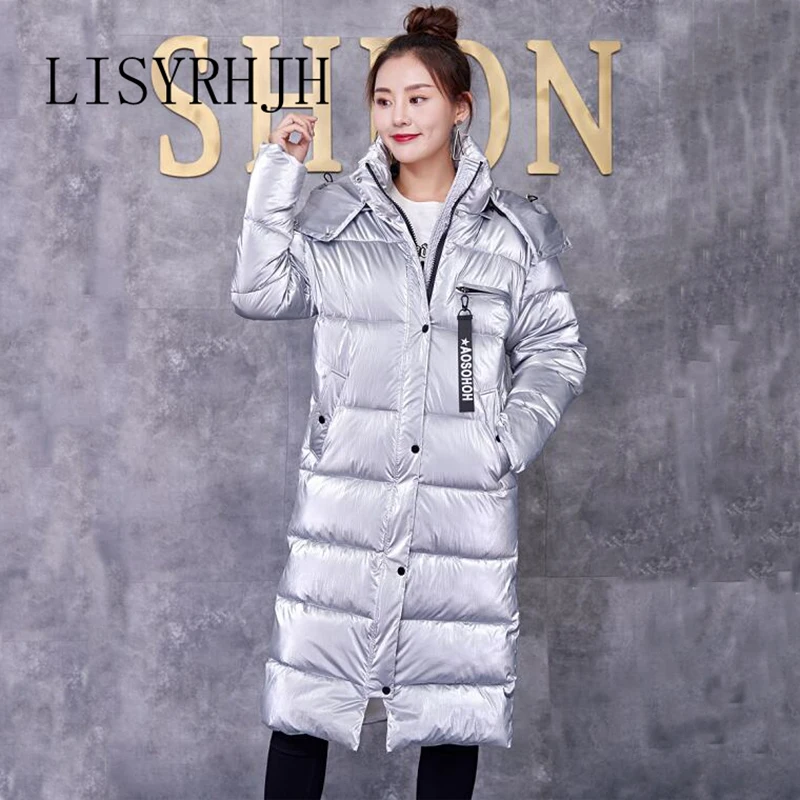Kopen Mode Metalen Gouden Zilveren Heldere Capuchon Jas vrouwen Winter Warm Katoen Gevoerde Lange Parka Nieuwe Bomber Streetwear Parka