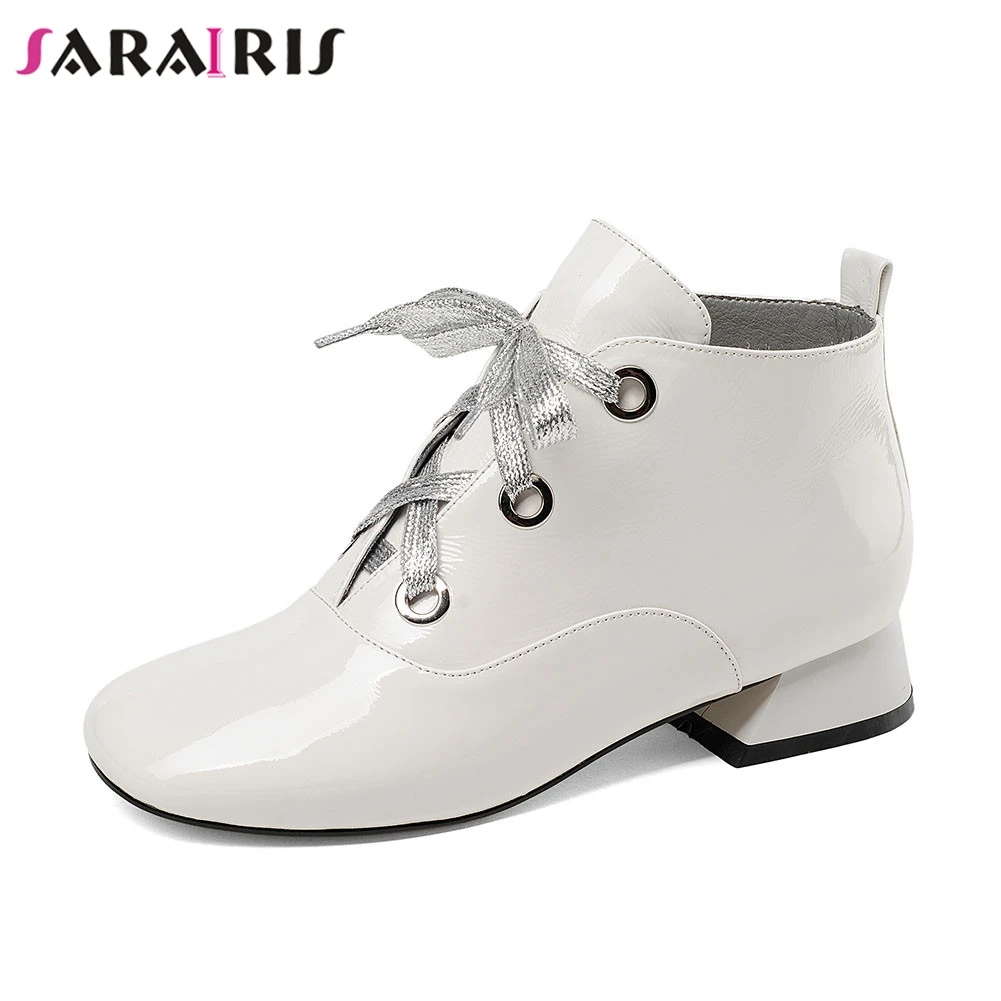 

SARAIRIS New Chunky Heels 3cm Lace Up Black women's Genuine Leather Shoes Woman Casual Autumn Winter Ankle Boots Big Size 33-43