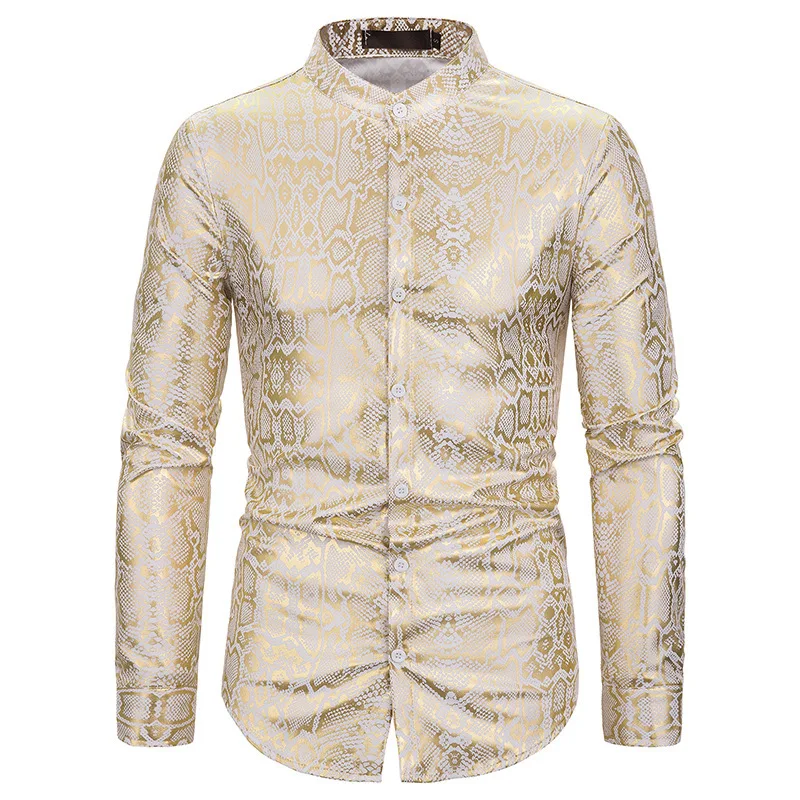 Мужская s хипстерская рубашка с золотым принтом и змеиным узором 2019 брендовая приталенная Повседневная рубашка со стоячим воротником