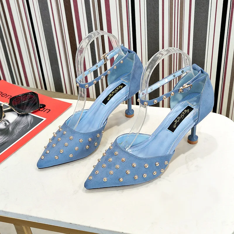 

2019 spring new sleek minimalist solid color high heels suede comfortable pointed stiletto rivet decoration women's shoes