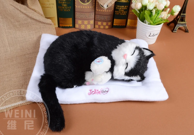 sleeping cat about 30cm black cat snoring breathing cat soft toy model