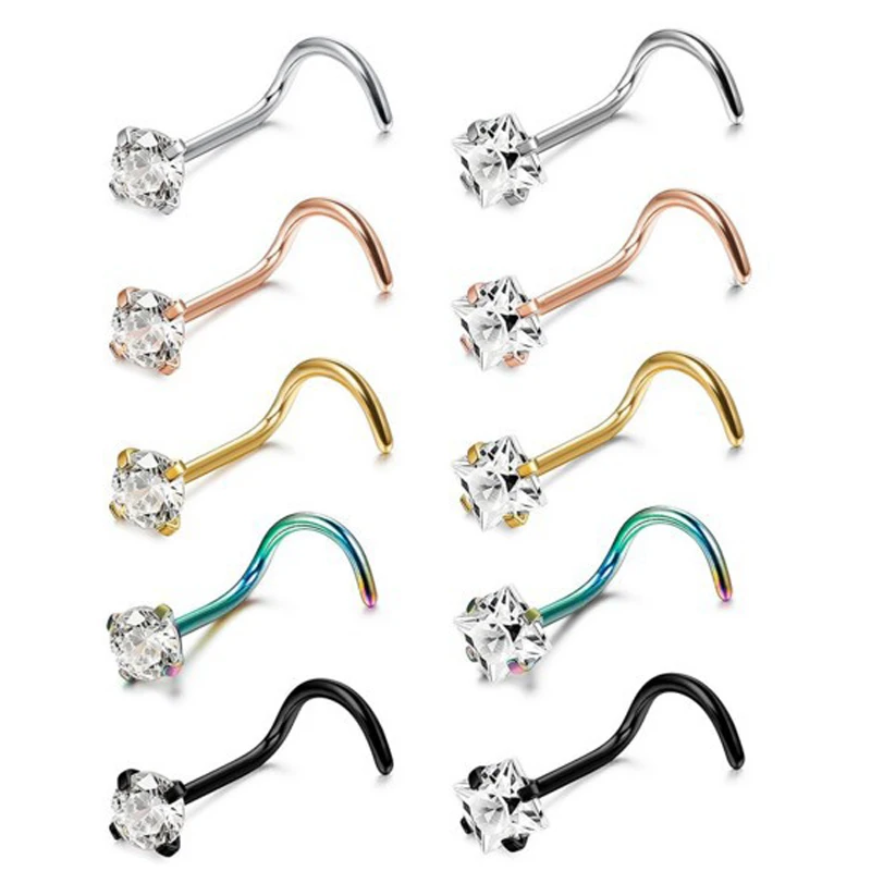 Utimtree Wholesale 10PCS 20G Stainless Steel Square Crystal Nose Rings