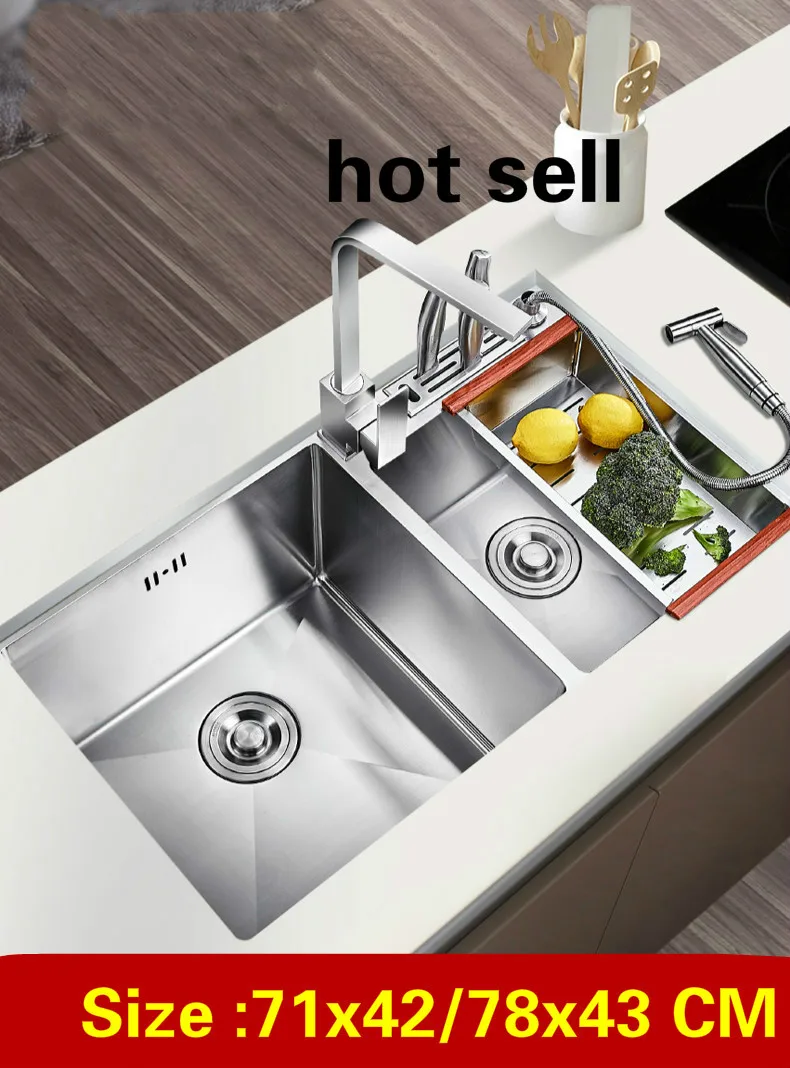 

Free shipping Home small kitchen manual sink double groove wash vegetables 304 stainless steel hot sell 71x42/78x43 CM
