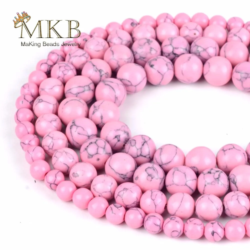 Wholesale 4 6 8 10 12mm Pink Turquoises Stones Round Beads For Making Bracelet Necklace Jewelry 15" Spacer Beads for Needlework