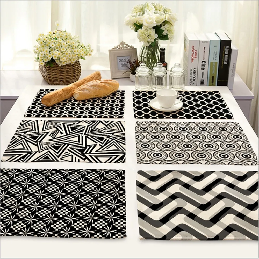 Home Decor Black White Stripe Placemat Linen Fabric Table Mat Dishware