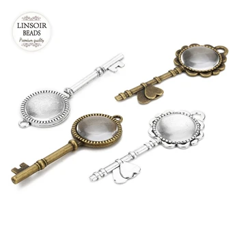 

5Pcs/lot Retro Key Heart Cabochon Base Pendant Setting Cabochon Base Blank Bezel Trays Fit 20mm Glass Cabochons Diy Finding