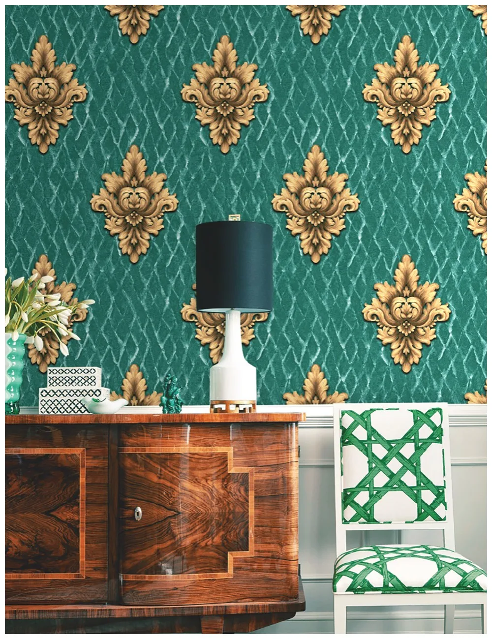 Us 39 9 Haokhome Vintage French Damask Wallpaper 0 53m 10m Floral Contact Paper Green Gold Living Room Bedroom Home Bathroom Decor In Wallpapers