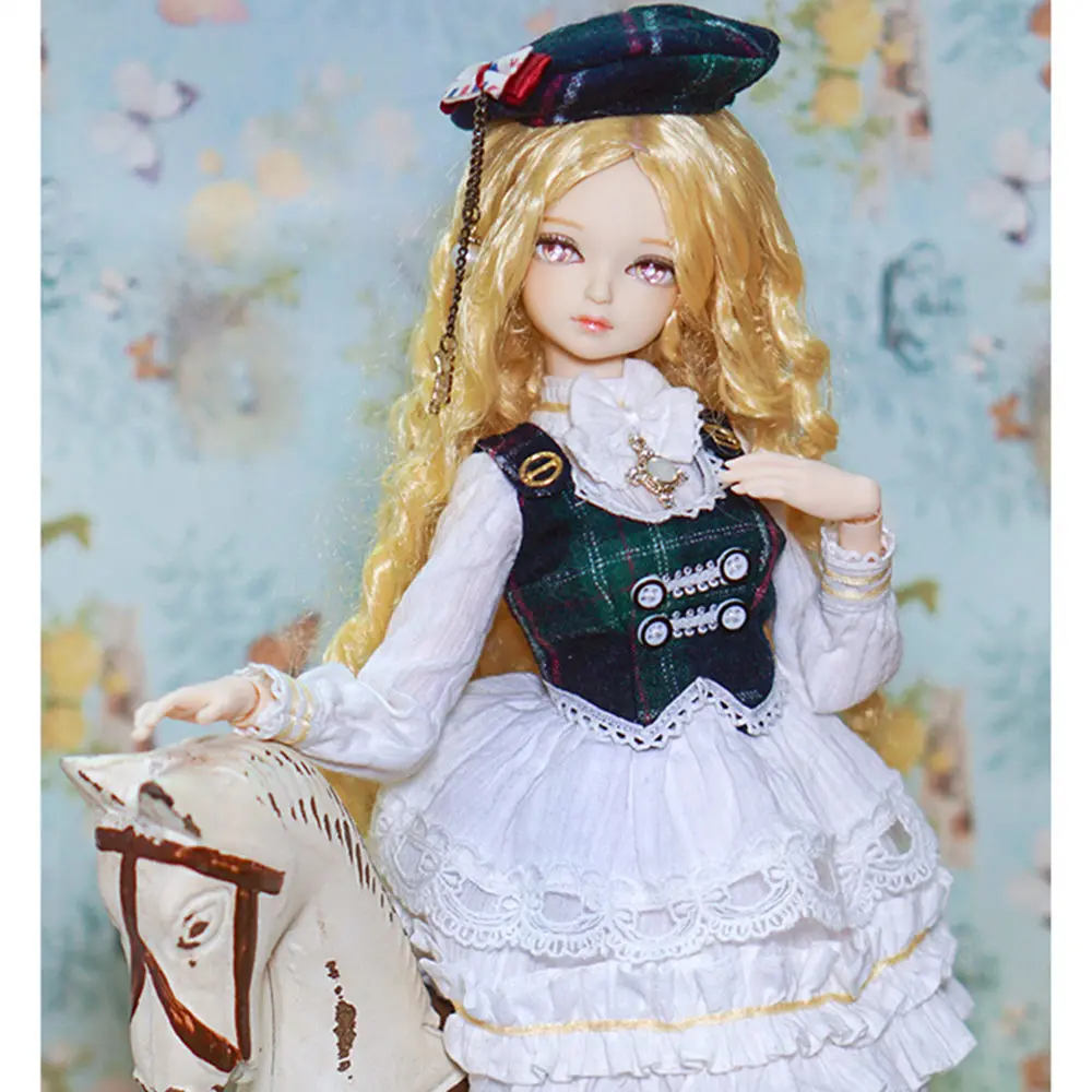

free shipping fortune days 1/4 bjd doll 45cm golden hair white dress with hats black boots combination MMGIRL BJD DOLL