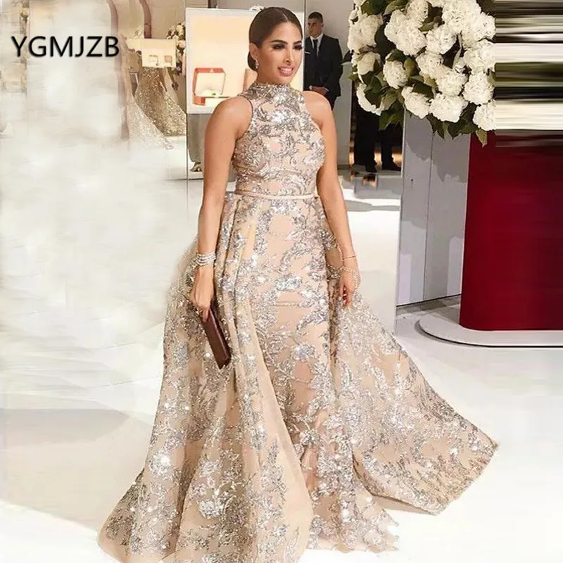 Luxury Evening Dresses Long 2019 Mermaid Sparkly Glitter Sequin Detachable Train Arabic Formal Prom Evening Gown Robe de Soiree Luxury Evening Dresses Long 2019 Mermaid Sparkly Glitter Sequin Detachable Train Arabic Formal Prom Evening Gown Robe de Soiree