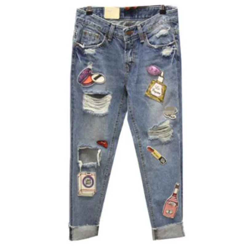 

2019 Plus Size Jeans Women Fashion Korean Personality Hole Sequins Large Harlem Jeans Students Nine-point Denim Pants Trousers