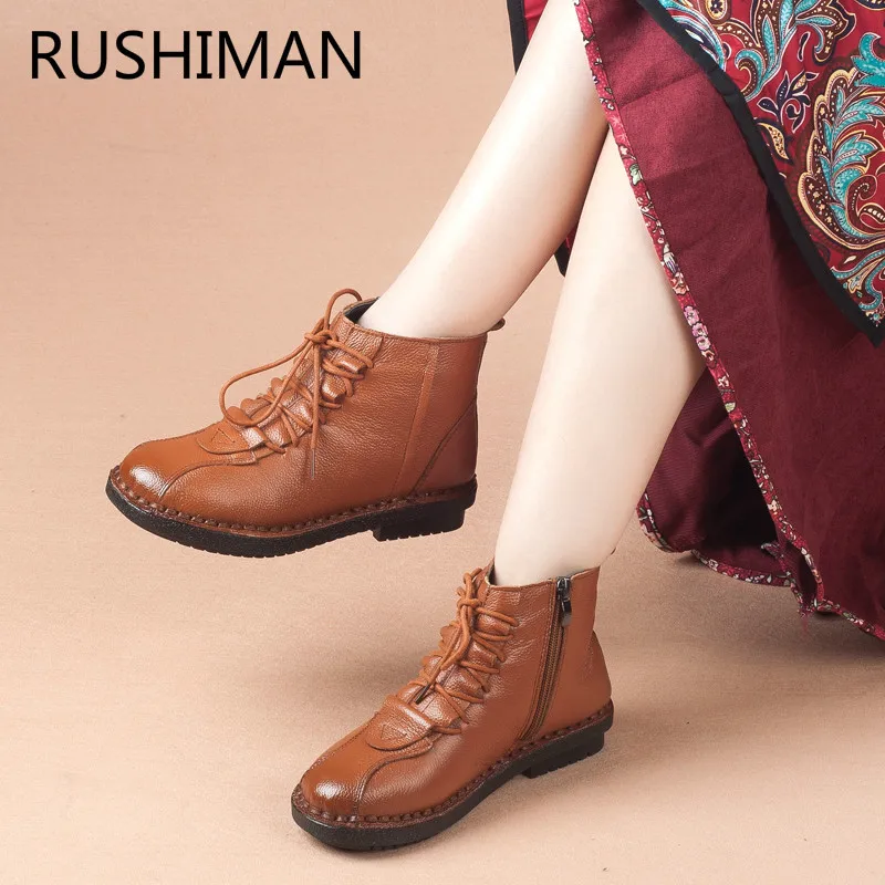 

RUSHIMAN warm winter shoes handmade leather soft bottom antiskid female short boots round head cotton-padded leather with flat