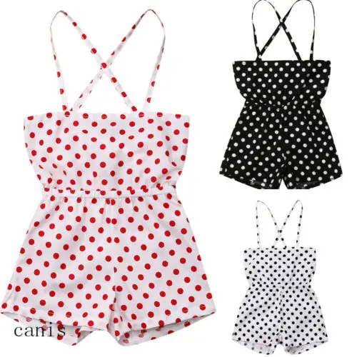 

2019 Brand Toddler Baby Girl Off Shoulder Dot Print Sleeveless Romper Sunsuit Outfit Jumpsuits Clothes