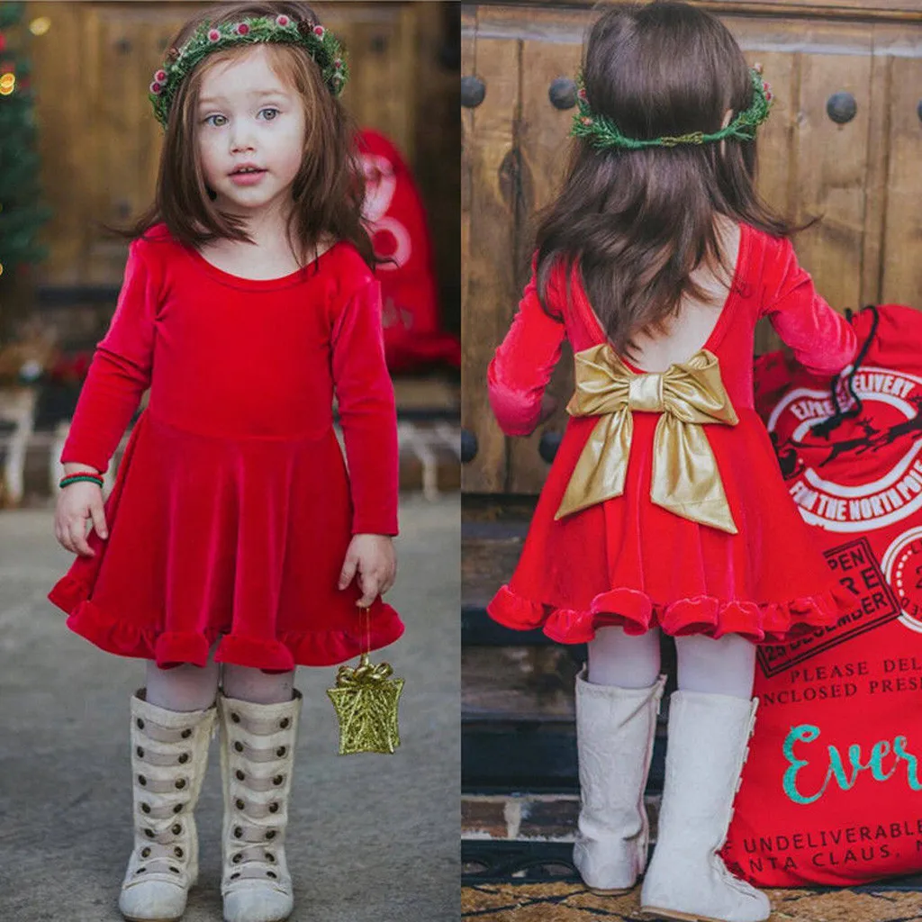 Модная детская одежда Рождество для маленьких девочек красный бархат принцессы с бантом праздничное платье свадебное осень детское праздничное платье для девочек