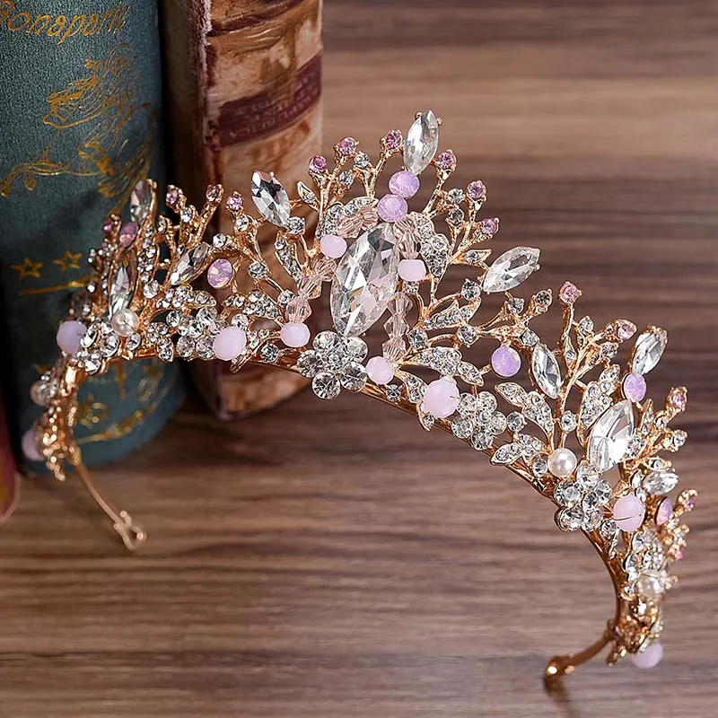 

FORSEVEN Baroque Rhinestone Pink Crystal Bride Crown and Tiara Gold Wedding Bridal Diadem Headpiece Hair Jewelry Accessories JL
