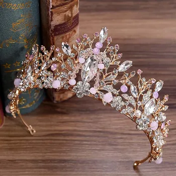 

FORSEVEN Baroque Rhinestone Pink Crystal Bride Crown and Tiara Gold Wedding Bridal Diadem Headpiece Hair Jewelry Accessories JL