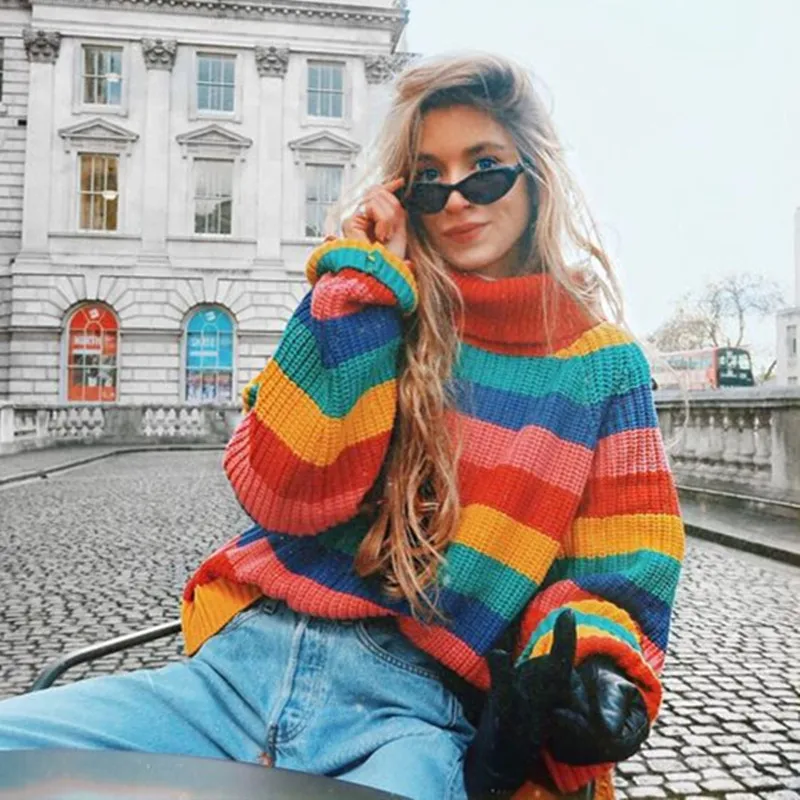 

Retro Rainbow Stripe Turtleneck Sweater Women Pullovers 2019 Autumn Winter Warm Knit Jumpers Loose Oversized Colorful Sweaters