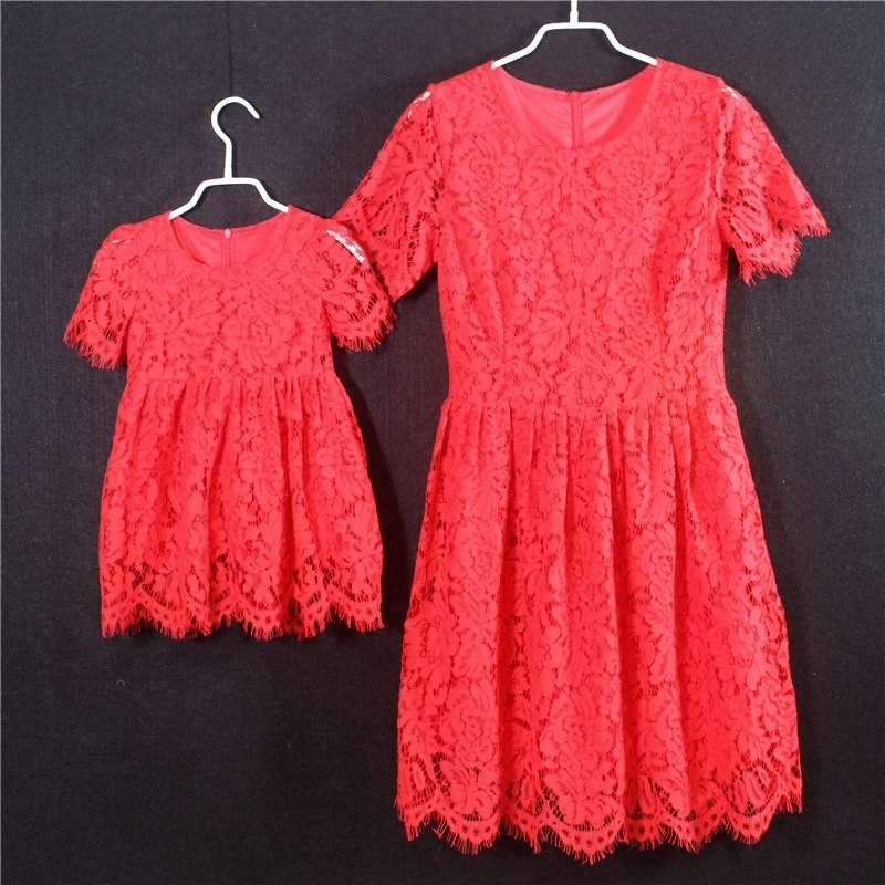 European American A-line short Sleeves white red kids girls holiday skirts mother and daughter lace dresses children party dress шапка kusto steam short red white